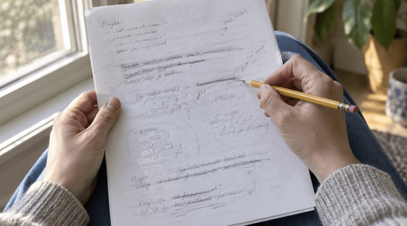 Hands revising a handwritten draft with a pencil beside a sunlit window. AI-generated illustration. Hands revising a handwritten draft with a pencil beside a sunlit window. AI-generated illustration.