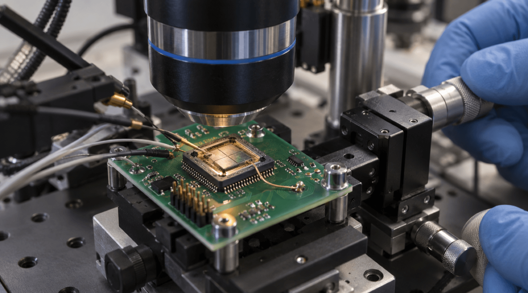 A decapsulated microcontroller sits under a microscope objective on a precision optical stage while gloved hands adjust the experiment. AI-generated image.