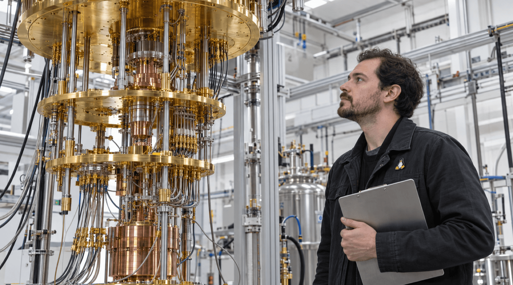 An engineer wearing a Tux penguin pin inspects the gold-and-copper cryogenic hardware of a quantum computer in a laboratory. AI-generated image.