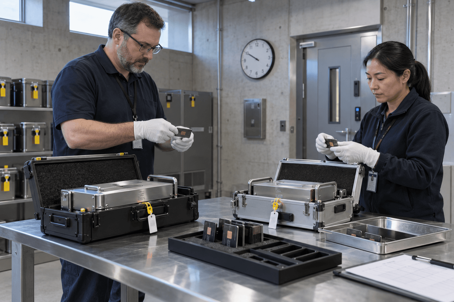 Two infrastructure engineers handle smart-card key carriers beside sealed hardware security modules during a secure key ceremony. AI-generated image.