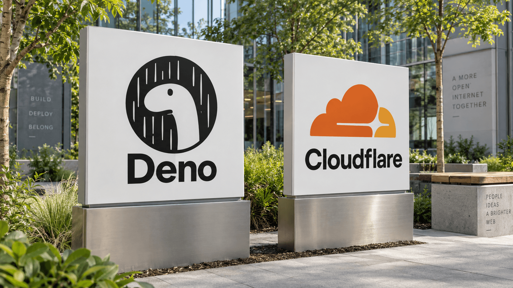 Physical Deno and Cloudflare project signs stand side by side in a landscaped courtyard. AI-generated editorial illustration; not a photograph of actual offices.