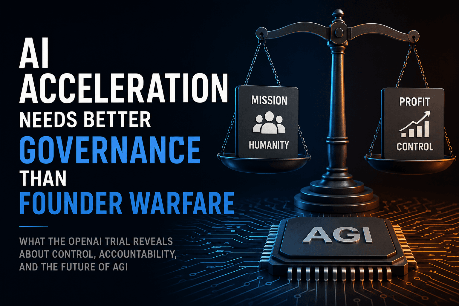 AI governance thumbnail showing scales balancing mission and profit over a circuit board, with text about AI acceleration and founder conflict. AI governance thumbnail showing scales balancing mission and profit over a circuit board, with text about AI acceleration and founder conflict.