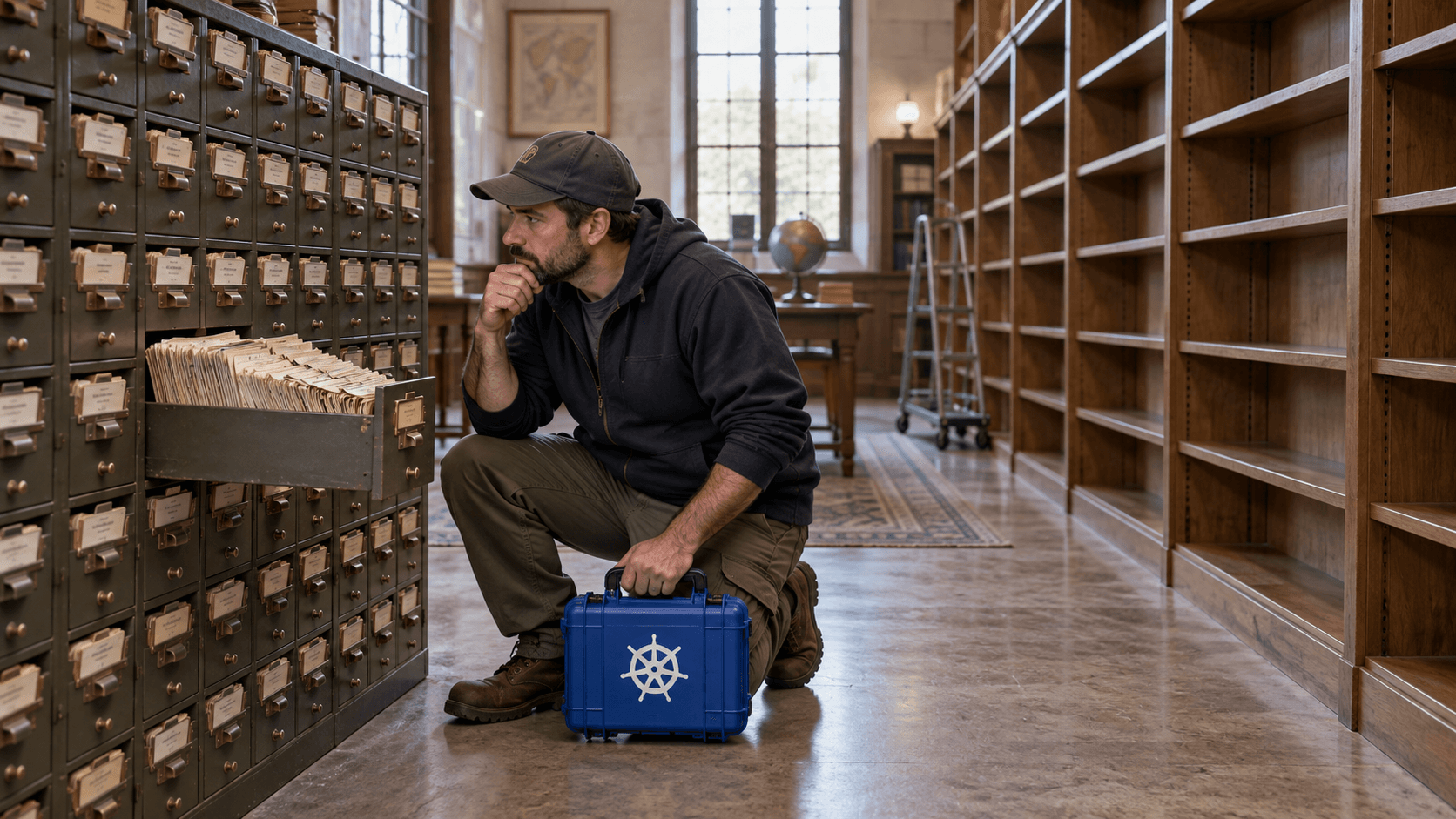 A site reliability engineer with a Kubernetes-marked equipment case inspects an overflowing card catalog beside mostly empty library shelves. AI-generated image. A site reliability engineer with a Kubernetes-marked equipment case inspects an overflowing card catalog beside mostly empty library shelves. AI-generated image.
