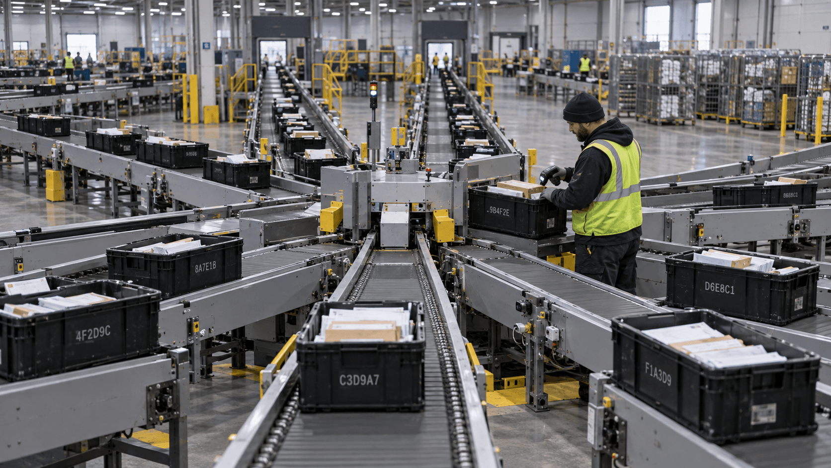 An infrastructure technician scans black archival totes marked with hexadecimal identifiers as many conveyor lanes converge at a mechanical sorting gate. AI-generated image. An infrastructure technician scans black archival totes marked with hexadecimal identifiers as many conveyor lanes converge at a mechanical sorting gate. AI-generated image.