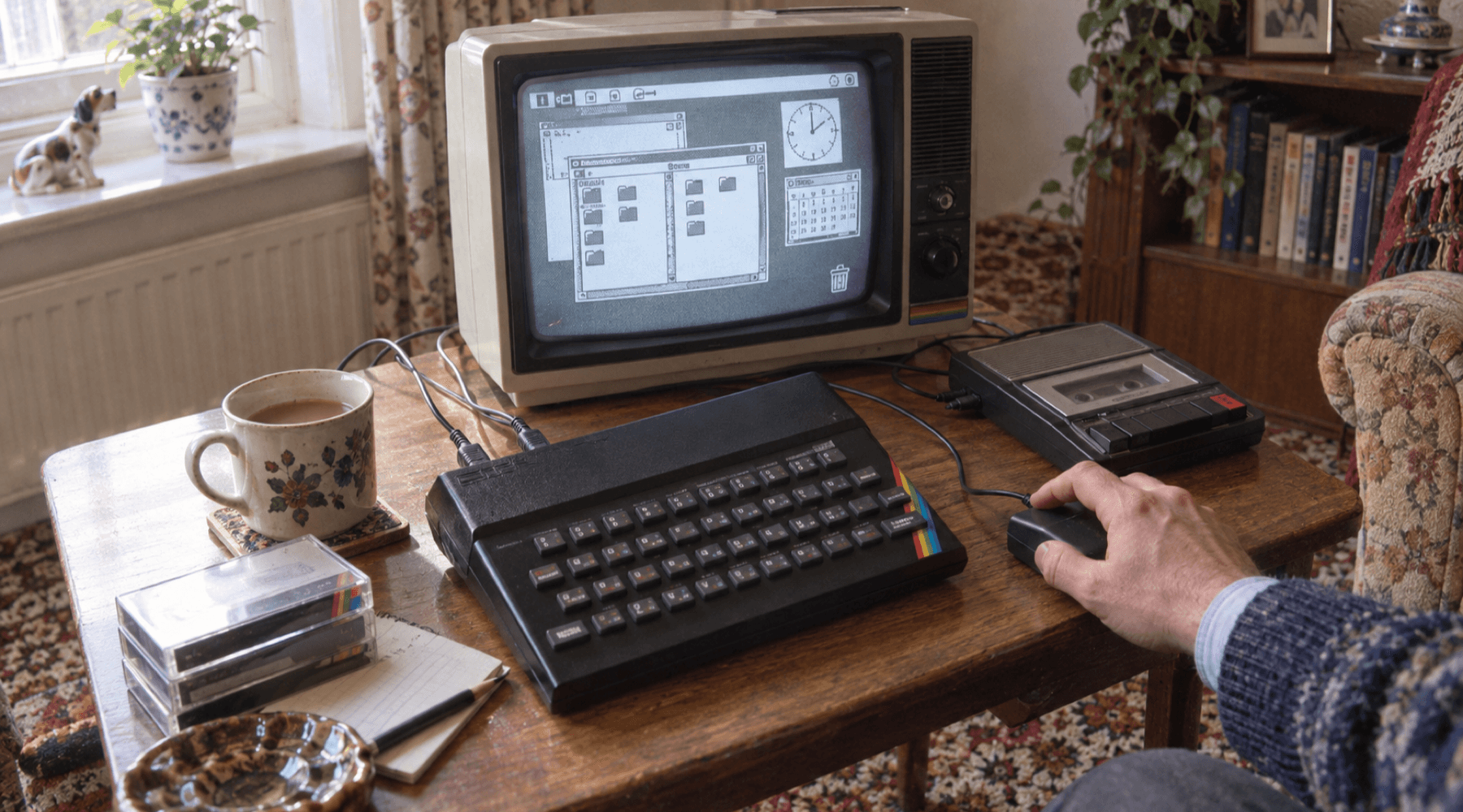 A black rubber-key 8-bit computer, cassette recorder, period mouse, and beige CRT displaying a monochrome windowed desktop in a 1980s living room. AI-generated image. A black rubber-key 8-bit computer, cassette recorder, period mouse, and beige CRT displaying a monochrome windowed desktop in a 1980s living room. AI-generated image.
