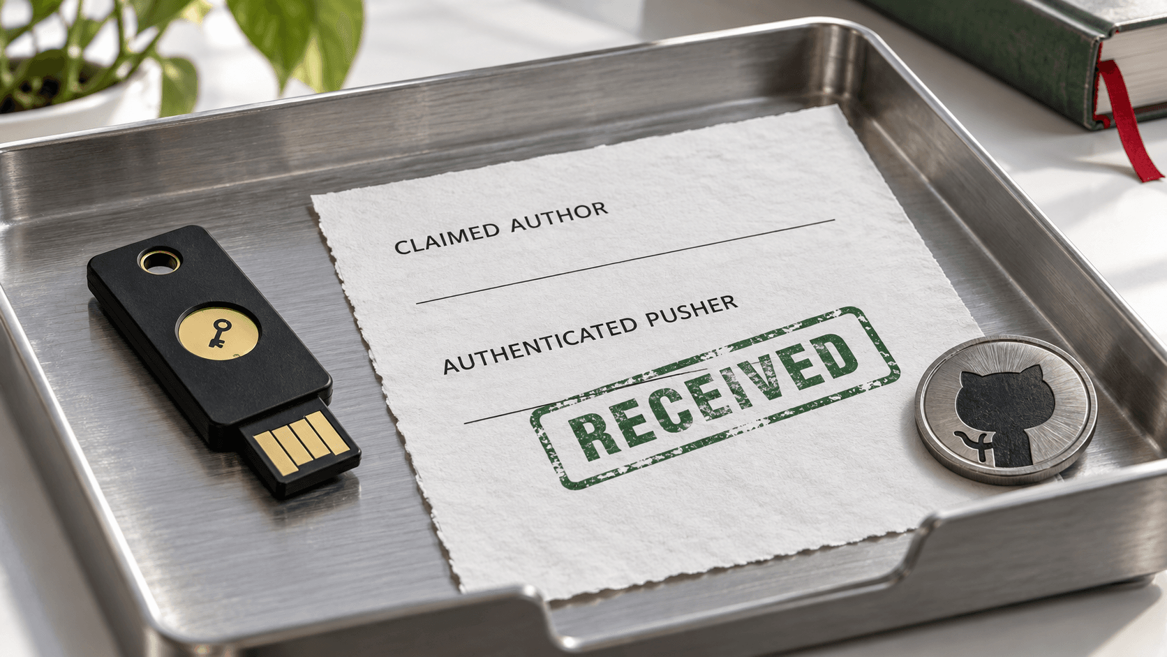 A hardware security key lies beside a paper receipt labeled Claimed Author and Authenticated Pusher, stamped Received, with a GitHub emblem seal. AI-generated editorial illustration. A hardware security key lies beside a paper receipt labeled Claimed Author and Authenticated Pusher, stamped Received, with a GitHub emblem seal. AI-generated editorial illustration.