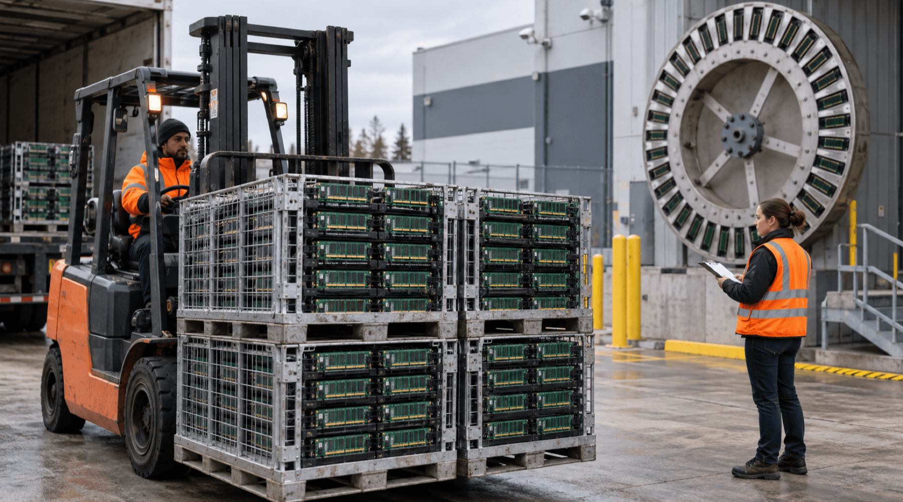 A forklift carries pallet cages filled with memory modules past a large mechanical routing wheel outside an edge-computing facility. AI-generated image. A forklift carries pallet cages filled with memory modules past a large mechanical routing wheel outside an edge-computing facility. AI-generated image.
