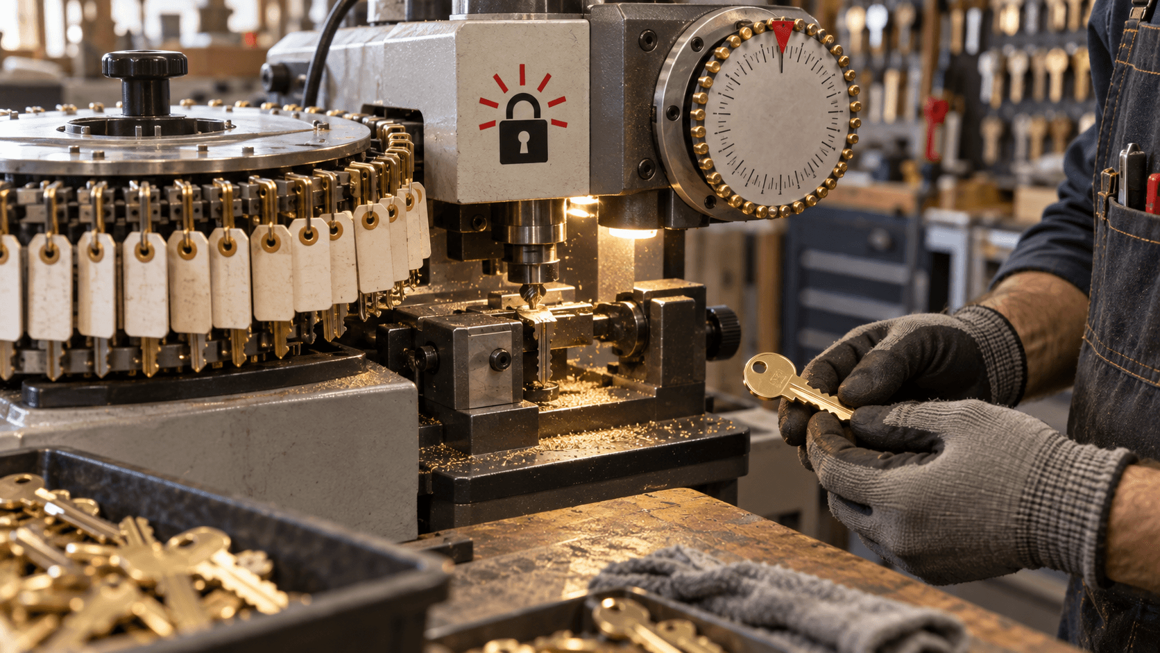 A locksmith inspects a fresh brass key beside an automatic key-cutting carousel and a renewal dial marked with a padlock-and-sun emblem. AI-generated image. A locksmith inspects a fresh brass key beside an automatic key-cutting carousel and a renewal dial marked with a padlock-and-sun emblem. AI-generated image.