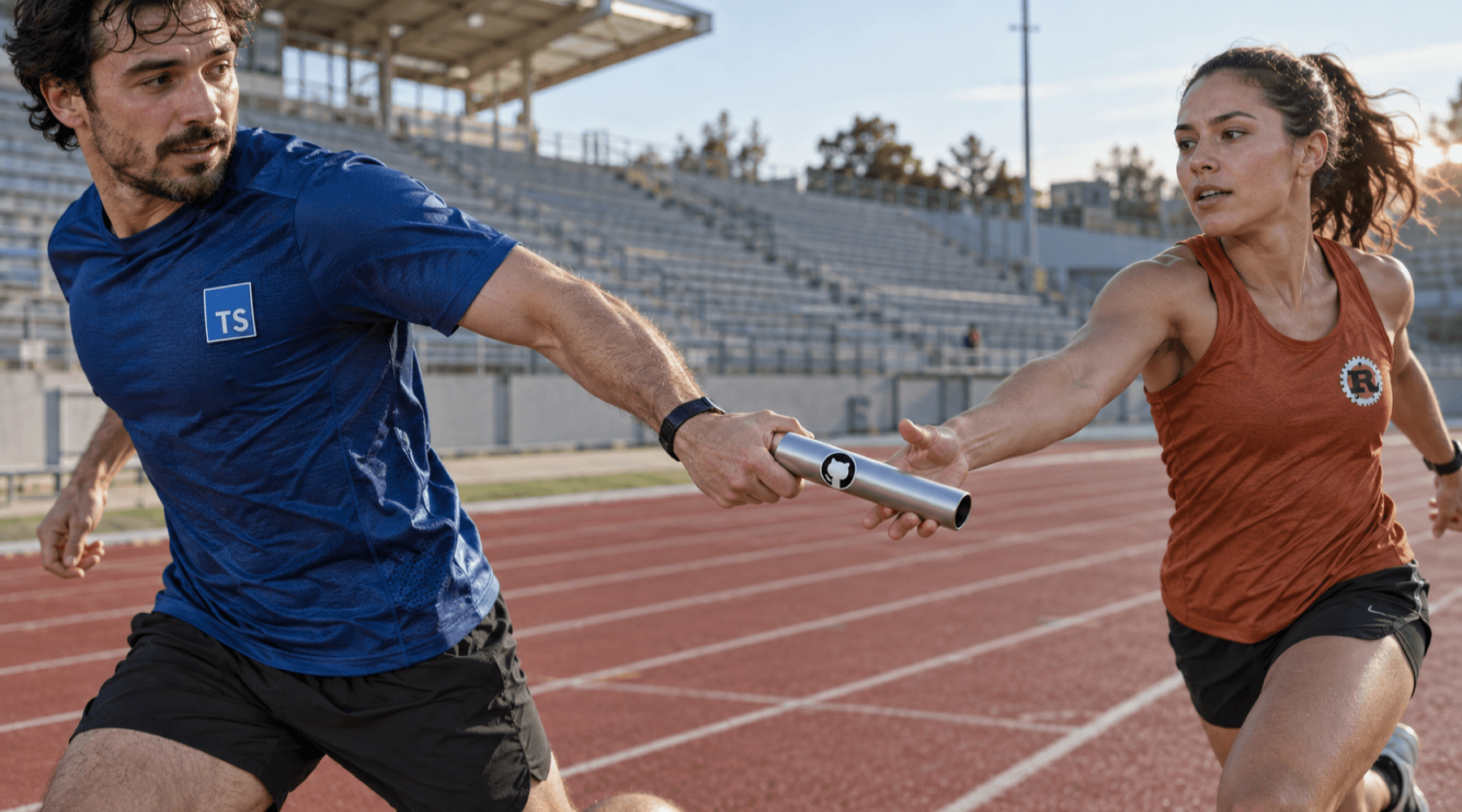 Two relay runners hand off a metal baton bearing a GitHub badge; their jerseys carry TypeScript and Rust emblems. AI-generated image. Two relay runners hand off a metal baton bearing a GitHub badge; their jerseys carry TypeScript and Rust emblems. AI-generated image.