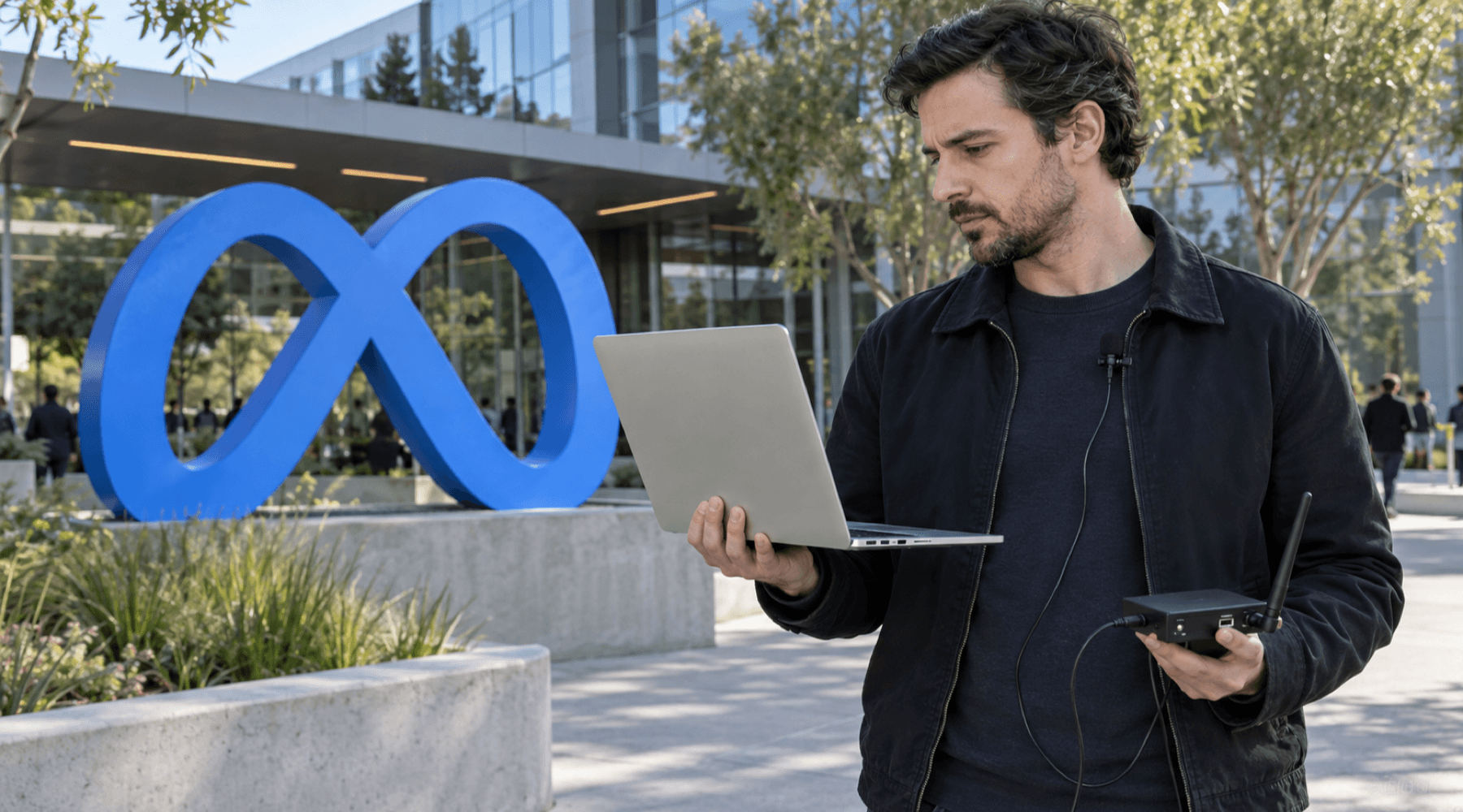 An anonymous security researcher stands outside a Meta-style technology campus holding a silver laptop and compact network test box, with a lavalier microphone connected. AI-generated image. An anonymous security researcher stands outside a Meta-style technology campus holding a silver laptop and compact network test box, with a lavalier microphone connected. AI-generated image.